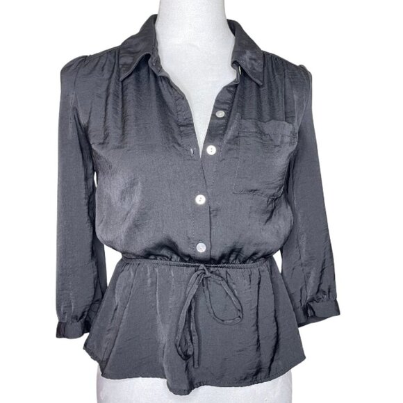 Monteau Black Colllared Half Button Elastic Tie Waist 3/4 Sleeve Casual Small - Picture 1 of 7